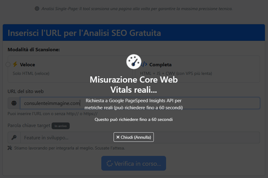 Analisi in corso con verifica totale dei parametri google compreso i Core Web Vital