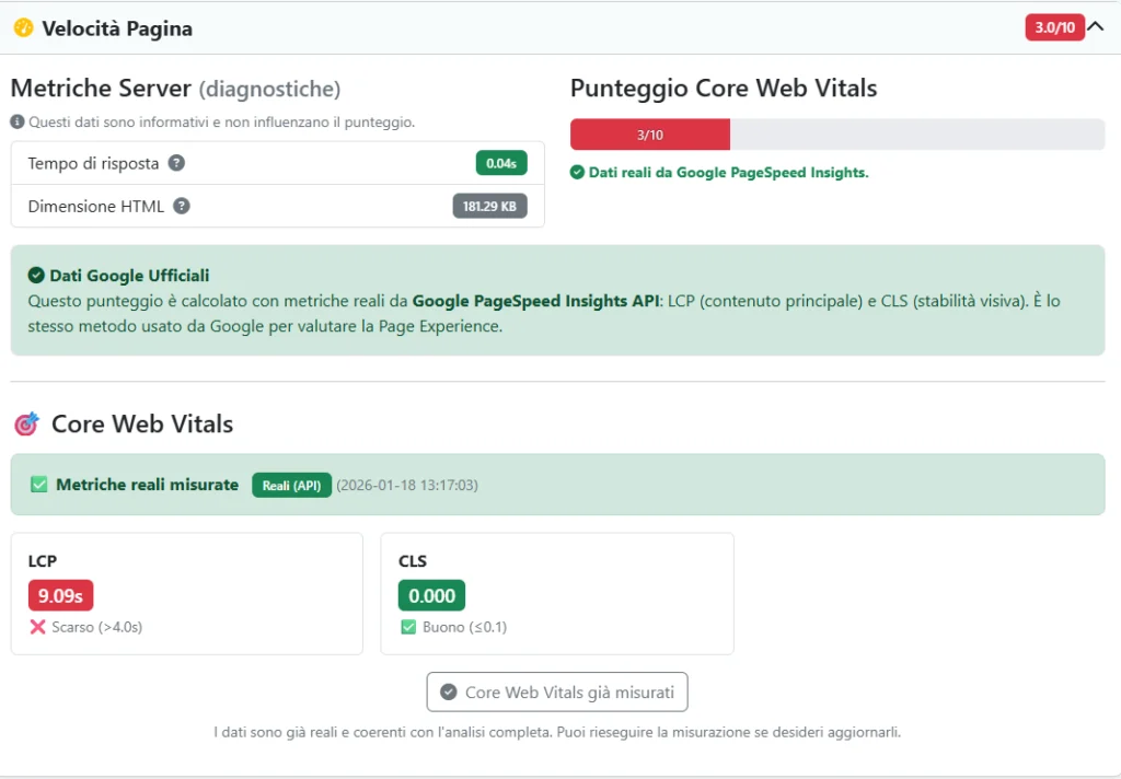 Visualizzazione delle metriche Core Web Vitals utilizzate nell’analisi SEO