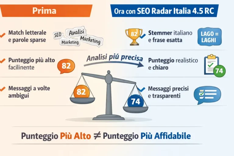 Analisi SEO GRATUITA DEMOCRATICA e Didattica con stemmer italiano e scoring più trasparente