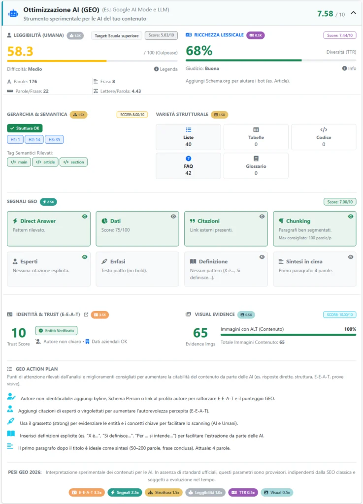 La GEO è una stima tecnica, non un giudizio globale ecco come funziona su SEO RADAR ITALIA il tools GRATIS PER ANALIZZARE IL TUO SITO WEB ON PAGE