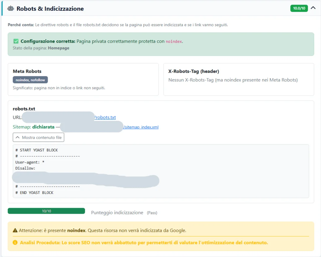 Card di analisi Approfondita di SEO RADAR ITALIA SU ROBOTS e INDICIZZAZIONE