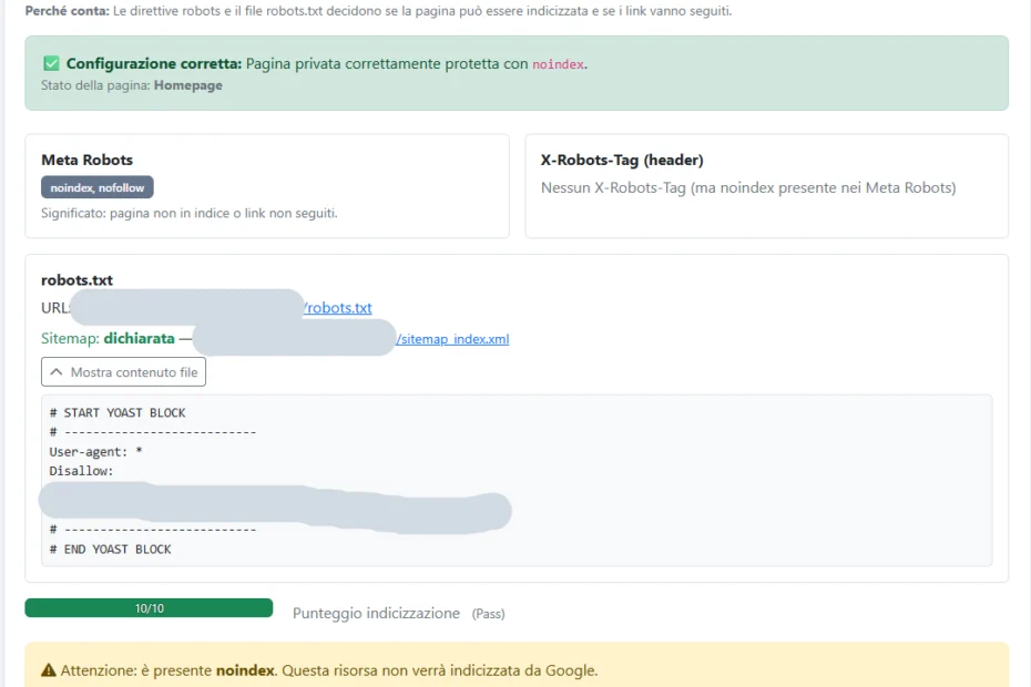 Card di analisi Approfondita di SEO RADAR ITALIA SU ROBOTS e INDICIZZAZIONE