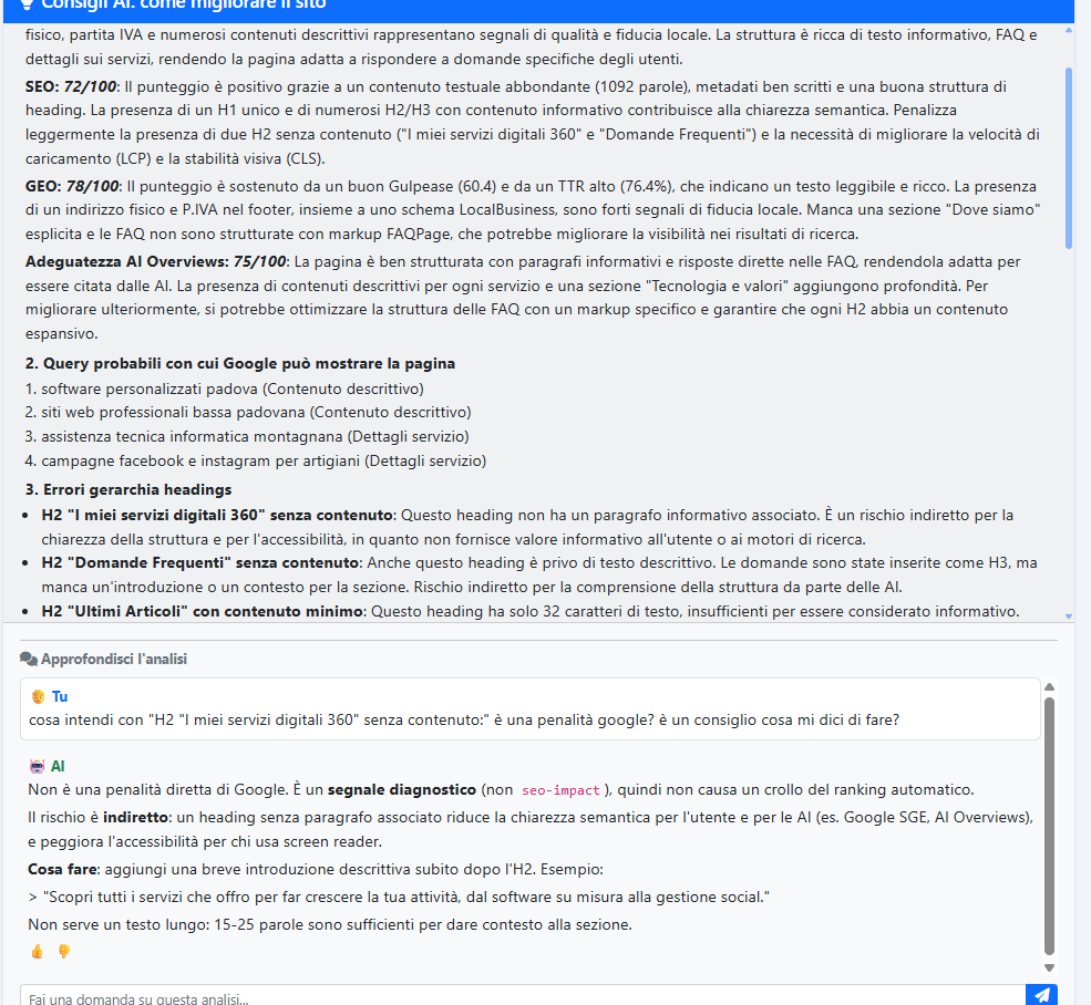 Chiedi all'intelligenza artificiale e fai domande su come migliorare. Fai le domande sulla tua pagina web, sui risultati che non capisci e lei ti risponderà.