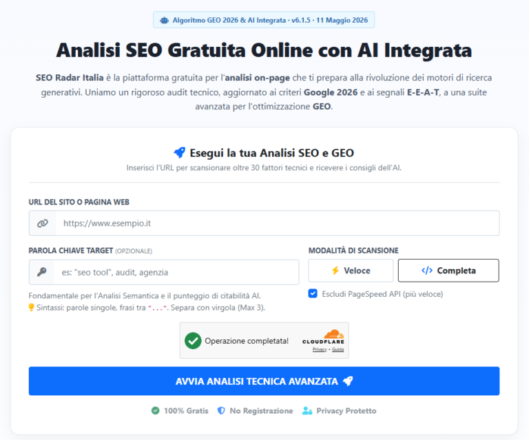 Pagina Iniziale di SEO RADARD ITALIA dove tutto ha inizio. Il tools di analisi SEO della tua pagina web completamente gratuito. Con intelligenza artificiale compresa.