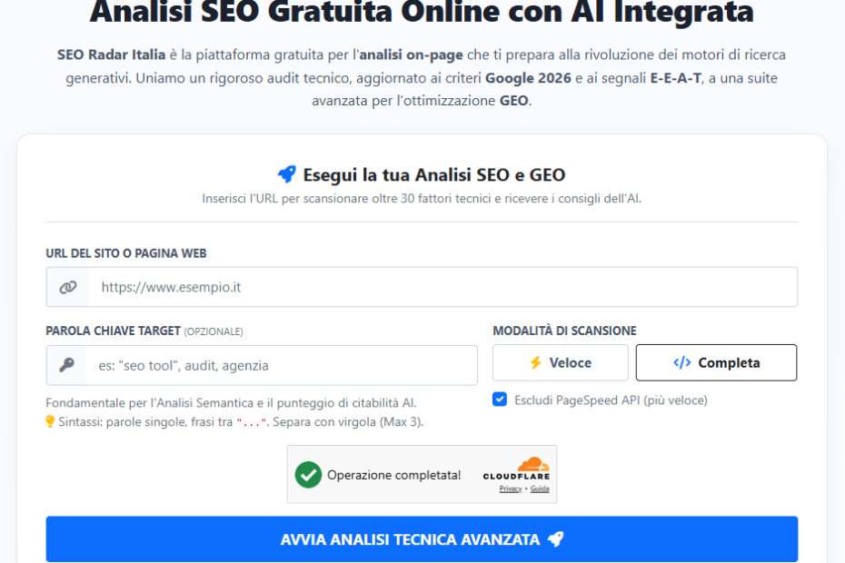Pagina Iniziale di SEO RADARD ITALIA dove tutto ha inizio. Il tools di analisi SEO della tua pagina web completamente gratuito. Con intelligenza artificiale compresa.