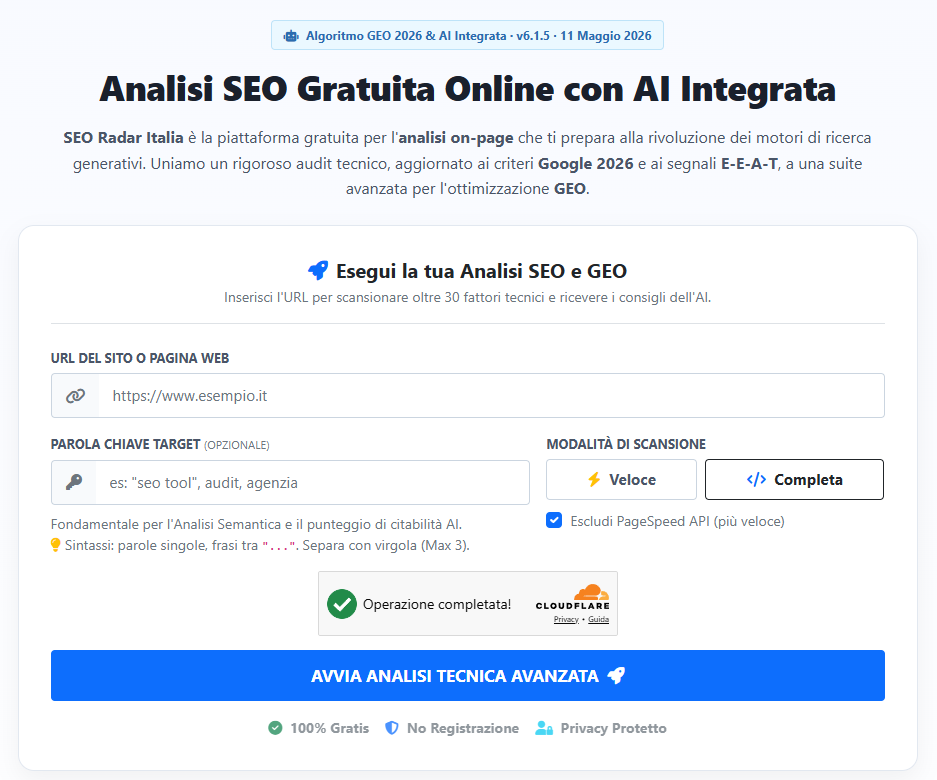 Pagina Iniziale di SEO RADARD ITALIA dove tutto ha inizio. Il tools di analisi SEO della tua pagina web completamente gratuito. Con intelligenza artificiale compresa.