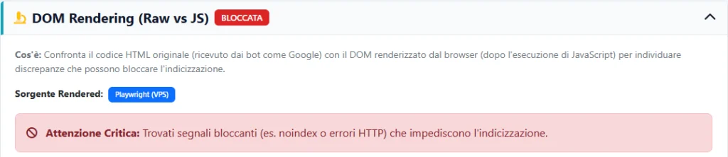 Seo Radar Italia ti segnala se la pagina è bloccata da no index o robotx con DOM Rendering