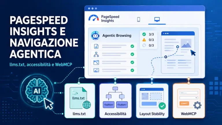 PageSpeed Insights e navigazione agentica: cosa controllano llms.txt, accessibilità e WebMCP