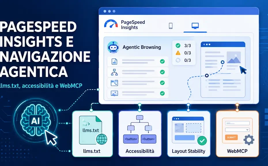 PageSpeed Insights e navigazione agentica: cosa controllano llms.txt, accessibilità e WebMCP