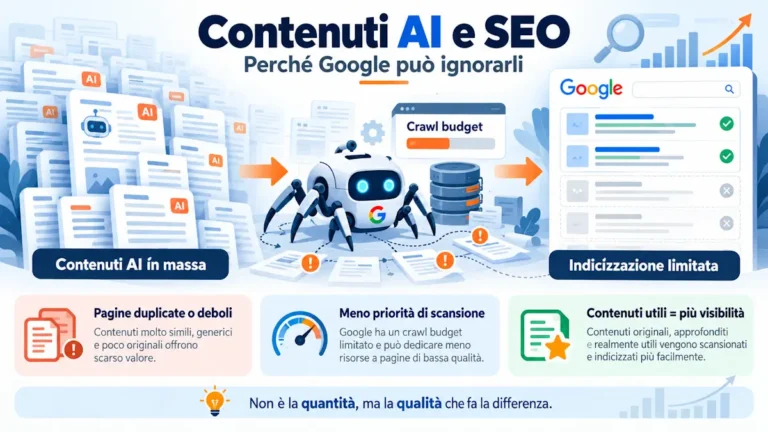 Contenuti AI e SEO: perché Google può rallentare scansione e indicizzazione e come usare l’AI senza trasformare il sito in contenuto scalato.
