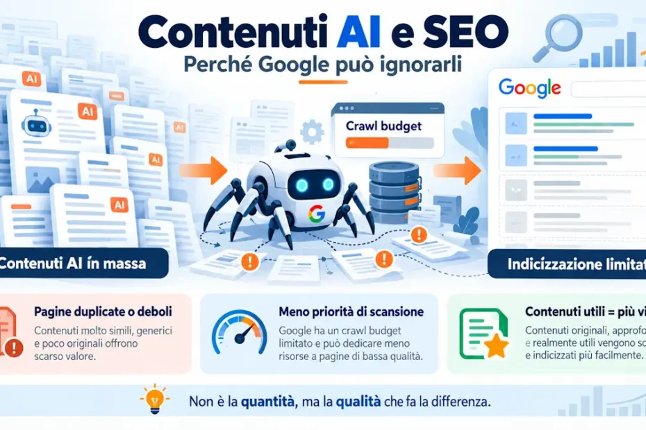 Contenuti AI e SEO: perché Google può rallentare scansione e indicizzazione e come usare l’AI senza trasformare il sito in contenuto scalato.