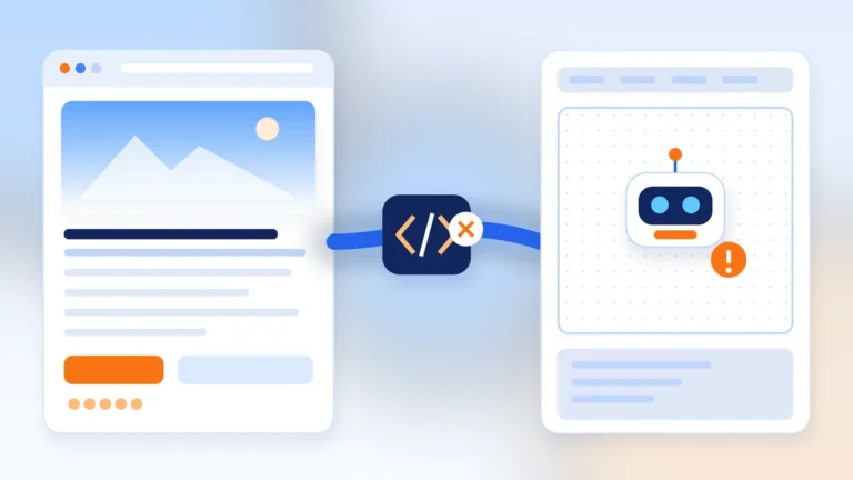 Illustrazione di una pagina web con il contenuto generato da JavaScript visibile al browser ma vuoto per i bot delle piattaforme AI