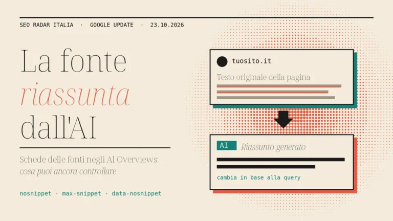 Illustrazione di una scheda fonte di AI Overviews con il testo originale della pagina trasformato in un riassunto generato dall'AI