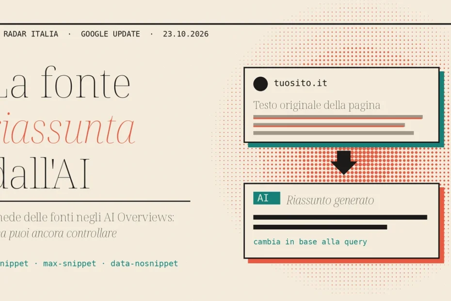 Illustrazione di una scheda fonte di AI Overviews con il testo originale della pagina trasformato in un riassunto generato dall'AI