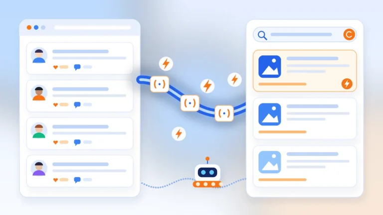 Illustrazione di una pipeline dati che porta le discussioni di un forum direttamente nei risultati di ricerca, mentre un robot crawler segue un percorso più lento