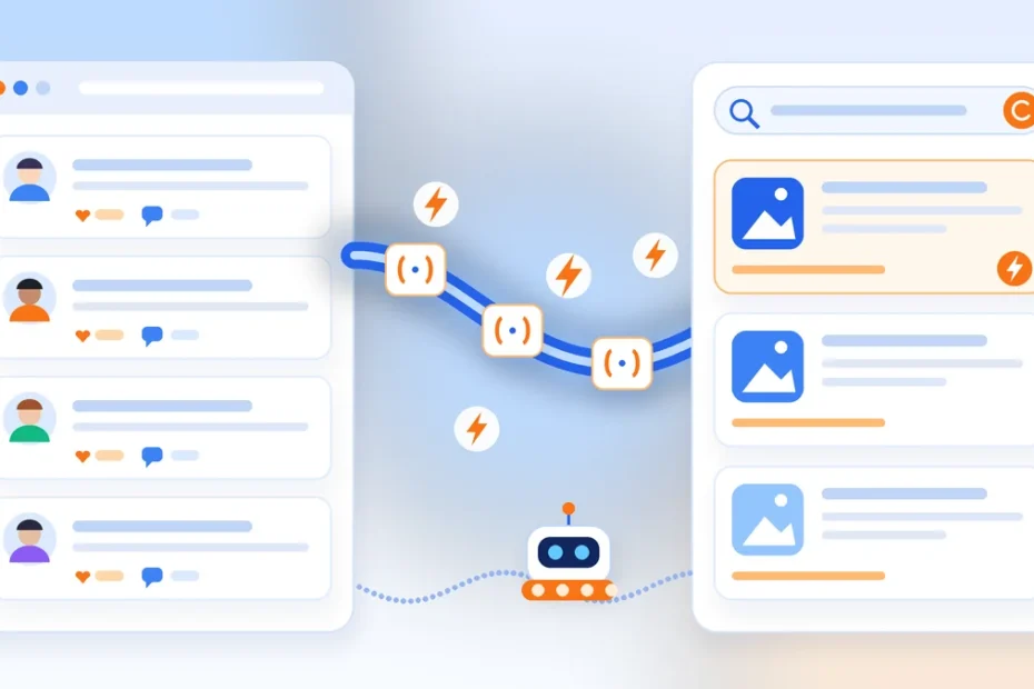 Illustrazione di una pipeline dati che porta le discussioni di un forum direttamente nei risultati di ricerca, mentre un robot crawler segue un percorso più lento
